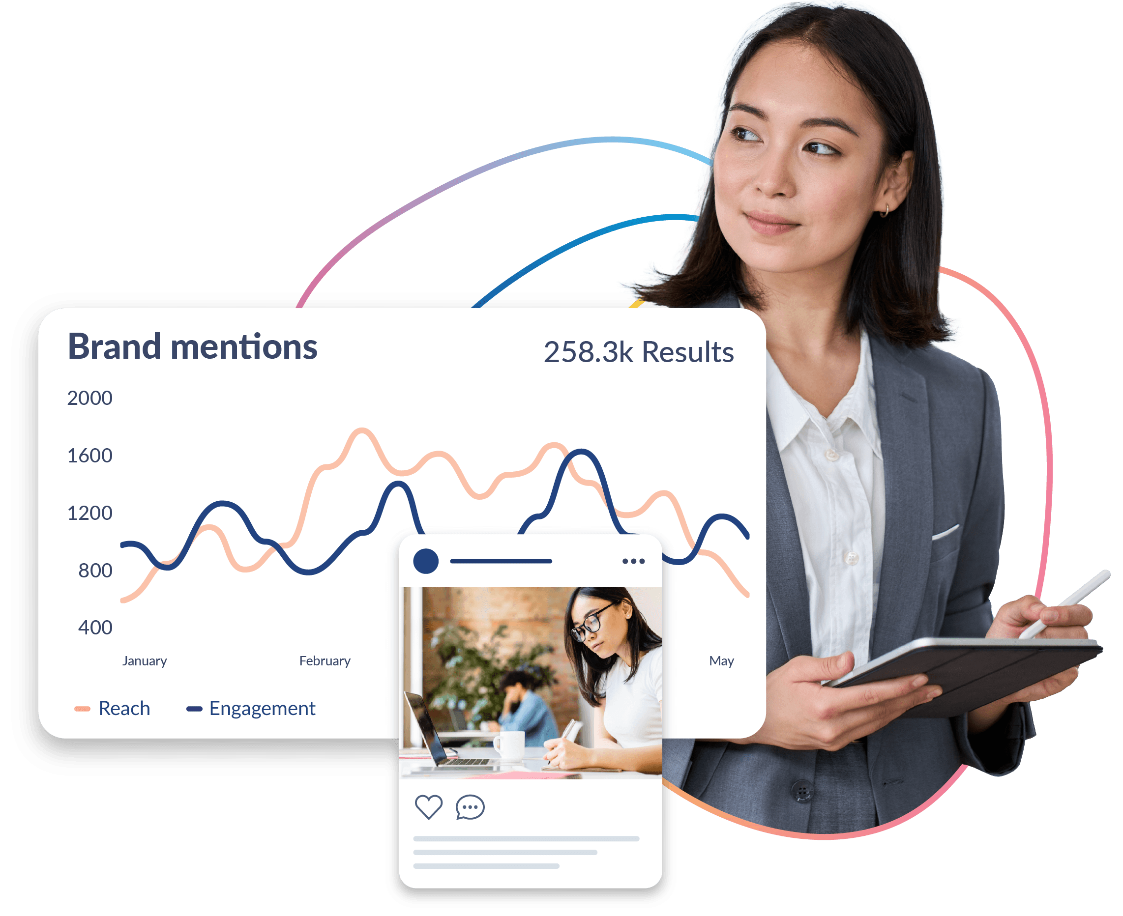 Professional in business attire reviewing social media analytics showing brand mentions, reach, and engagement metrics on a graph