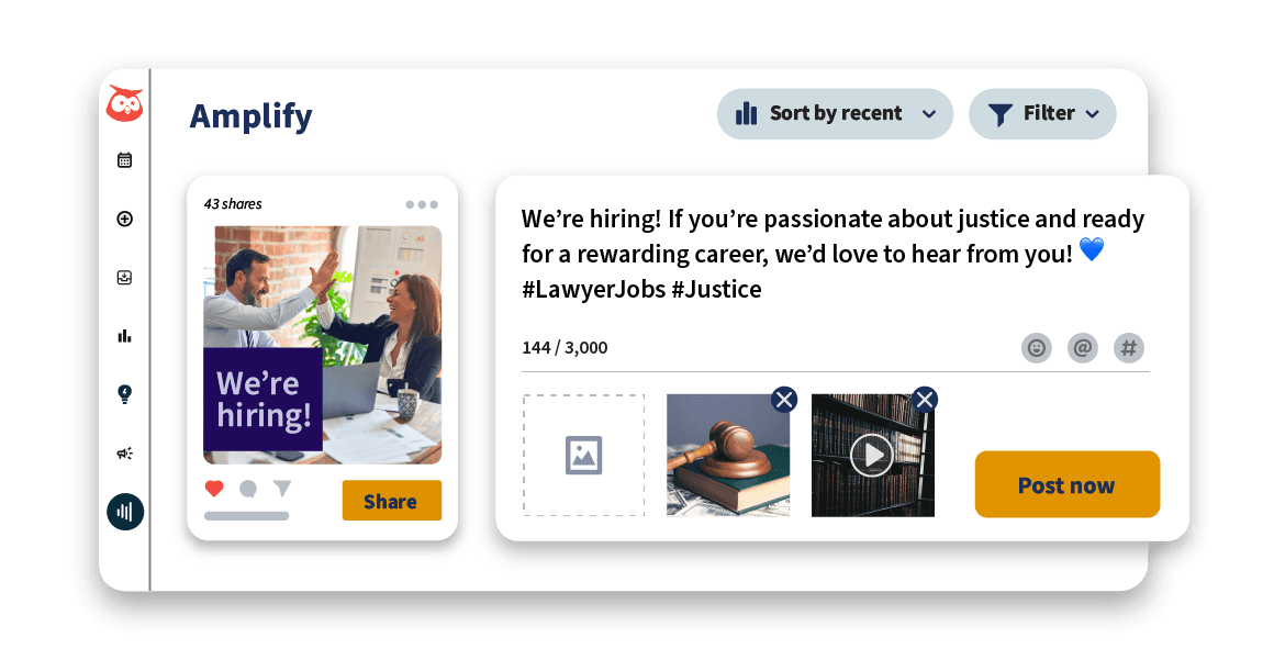 Social media interface showing job posting with "We're hiring!" banner, engagement metrics, and legal-themed thumbnail images