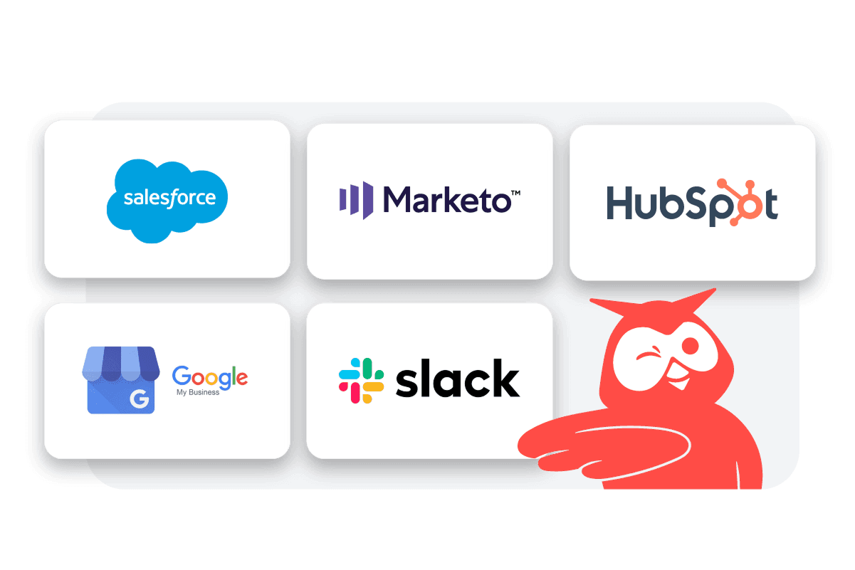 Logos of business software platforms: Salesforce, Marketo, HubSpot, Google My Business, and Slack arranged in a grid layout
